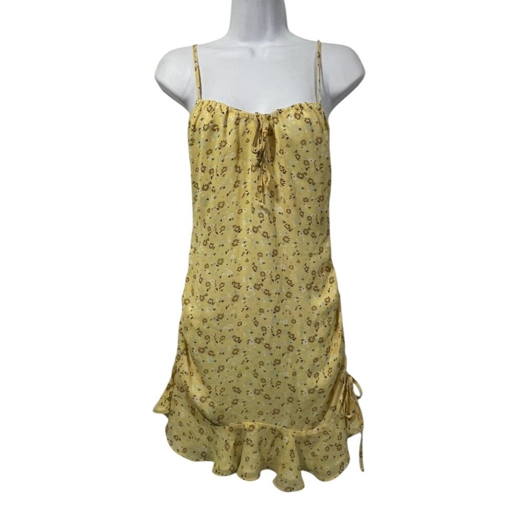 Cotton Candy LA Yellow Floral Mini Dress Ruched Side Bottom Ruffle Sz S Coquette